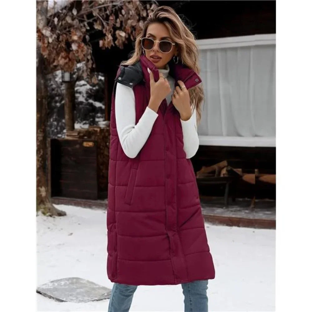 Women's Long Puffer Vest Jacket Sleeveless Vest Zip Up Winter Coat - Picture 4 of 5
